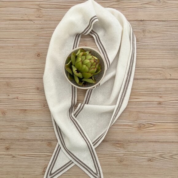 Cashmere Triangle Scarf – Soft Ivory w/ Taupe Stripe | Lightweight Coastal - Picture 2 of 5